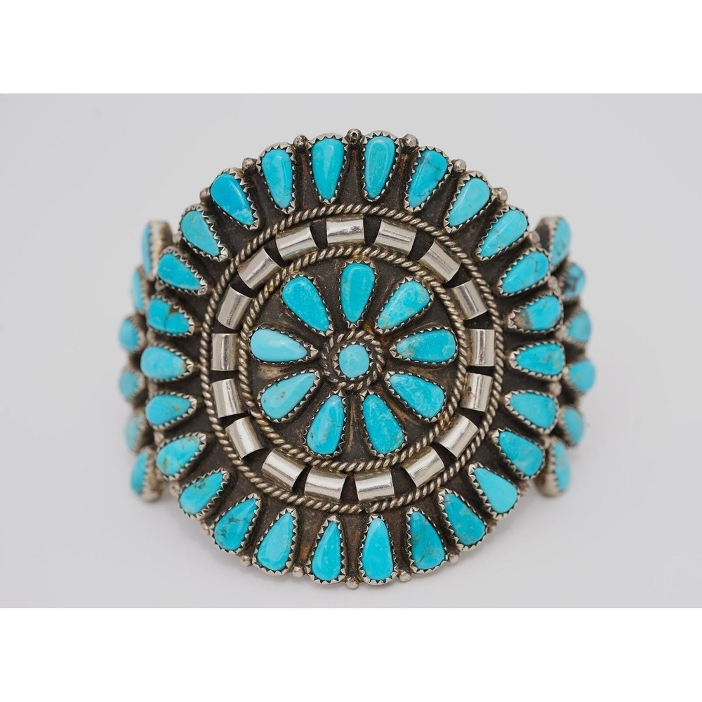 Vintage Navajo Native American Indian Sterling Silver Turquoise Cluster Bracelet - Picture 6 of 7